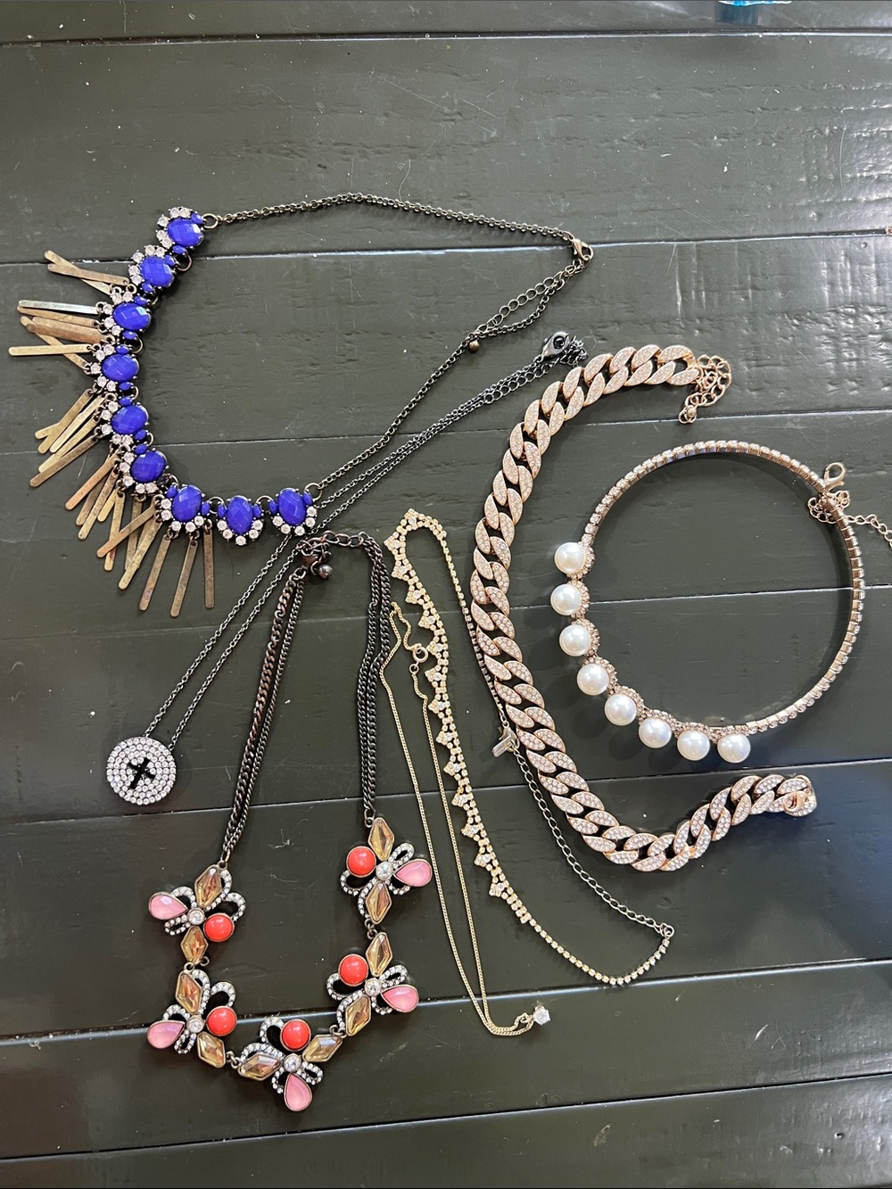 Pearl Accent and Crystal Statement Necklace - White, Blue, Pink
